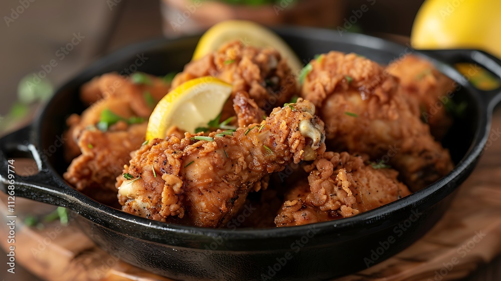 Tasty and succulent fried steakhouse chicken chunks in a black dish with lemon Tasty and succulent fried steakhouse chicken chunks in a black dish with lemon