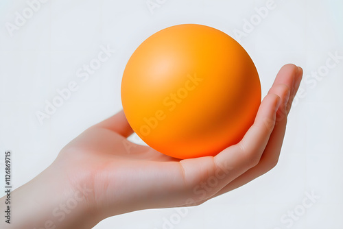 A simple stress ball in hand against a white background with copyspace. Soft shadows. photo