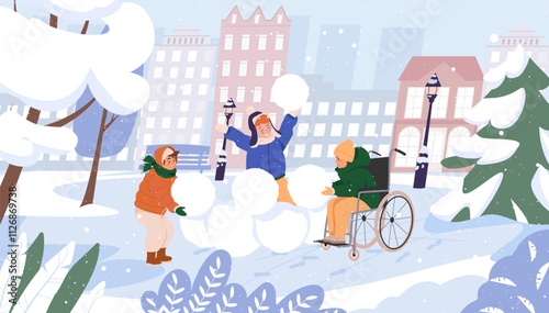 Child in wheelchair playing with children together making snow fortress. Cheerful friends having fun with snow, winter games, leisure outdoors activity cartoon flat vector illustration city background