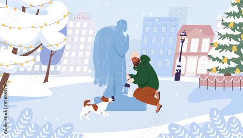 Male character making ice sculptures in winter. Man holding chisel and hammer and making angel figure from ice cartoon flat vector illustration on white background. Wintertime leisure outdoor activity