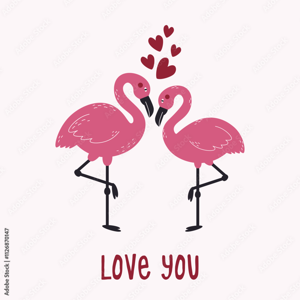 Obraz premium Flamingos in love vector illustration. Pink flamingos and the inscription 