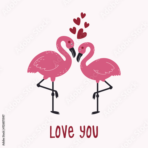 Flamingos in love vector illustration. Pink flamingos and the inscription "love you"  postcard or poster template.