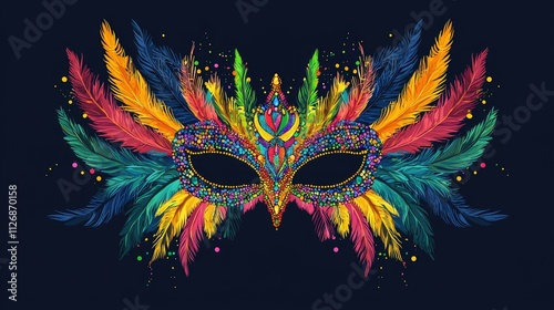 Colorful feathered carnival mask with gems.