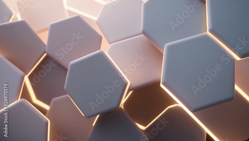 Abstract hexagonal shapes with soft glow, creating a modern, geometric background suitable for technology, design, or architectural themes. photo