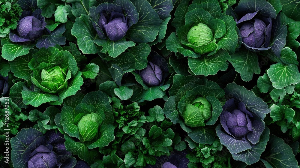 Fototapeta premium A cabbage patch filled with lush green and purple heads, ready for harvest.