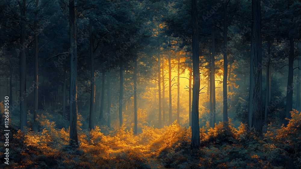 A dense sunlit woodland veiled in allure