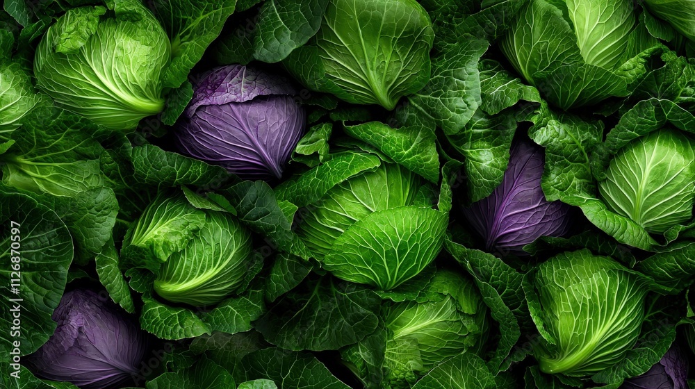 Fototapeta premium A cabbage patch filled with lush green and purple heads, ready for harvest.