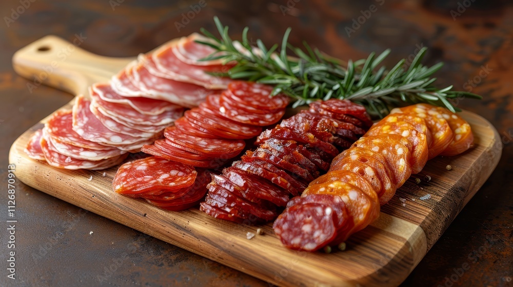 Gourmet Charcuterie Board.Variety of Cured Meat and Pork, Prosciutto, Salami on Wooden Platter. Gourmet Charcuterie Board.Variety of Cured Meat and Pork, Prosciutto, Salami on Wooden Platter.