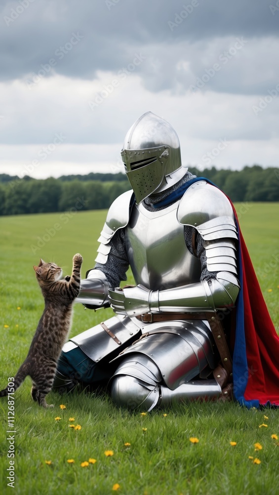 A knight in shiny armor kneels on a grassy field, playfully interacting with a cute tabby kitten. The backdrop features a serene cloudy sky, creating a whimsical and adventurous atmosphere A knight in shiny armor kneels on a grassy field, playfully interacting with a cute tabby kitten. The backdrop features a serene cloudy sky, creating a whimsical and adventurous atmosphere