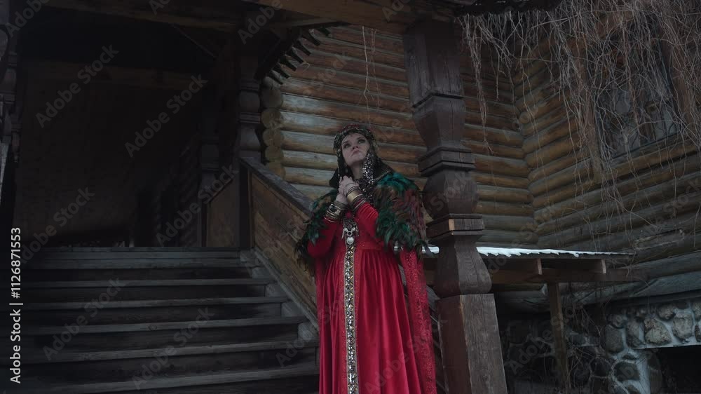 An Enchanting Woman Dressed in a Red Gown Within a Rustic Setting An Enchanting Woman Dressed in a Red Gown Within a Rustic Setting