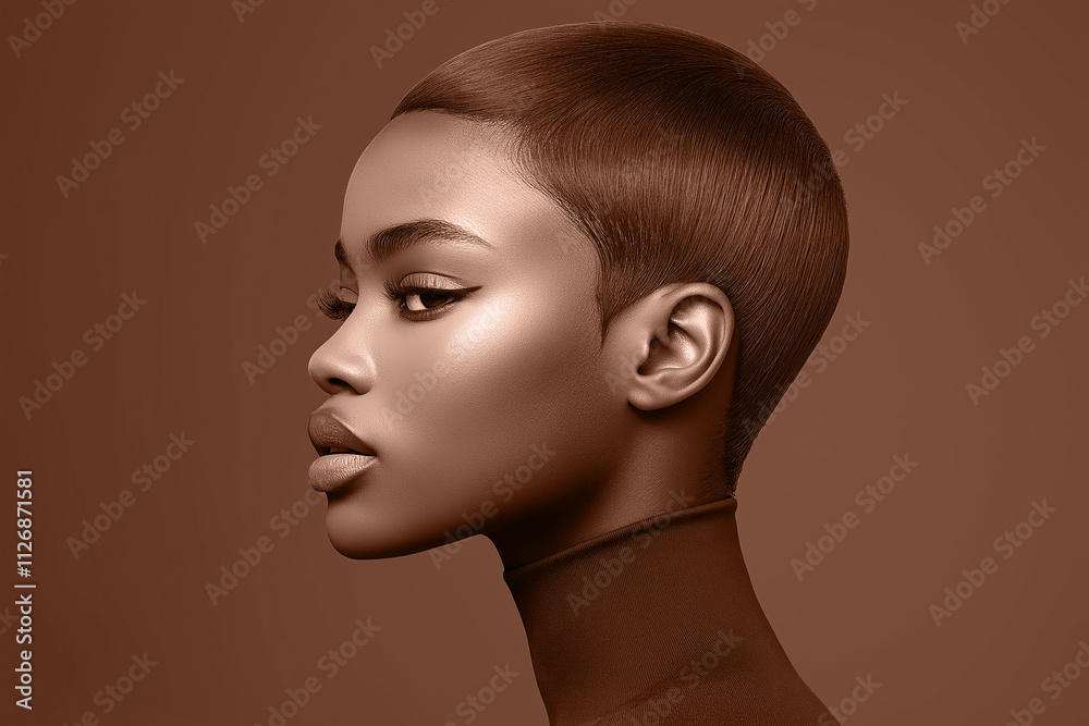 Fototapeta premium Closeup focus on an African woman in mocha mousse brown colors. Modern trendy tone hue shade