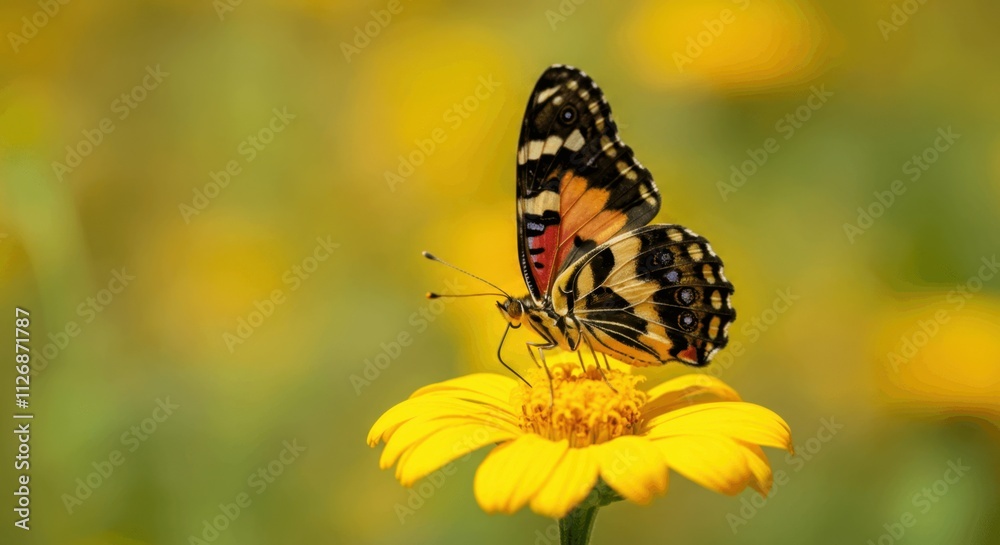 Vibrant butterfly perched on sunny yellow flower Vibrant butterfly perched on sunny yellow flower