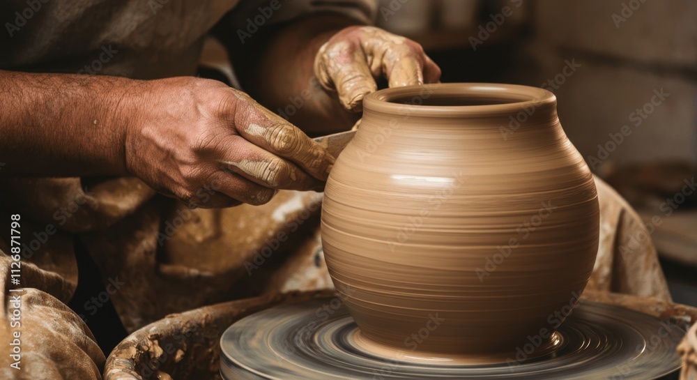 Artisan shaping clay on pottery wheel in workshop Artisan shaping clay on pottery wheel in workshop