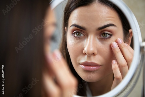 Young woman examining skin in mirror for skincare and beauty routine