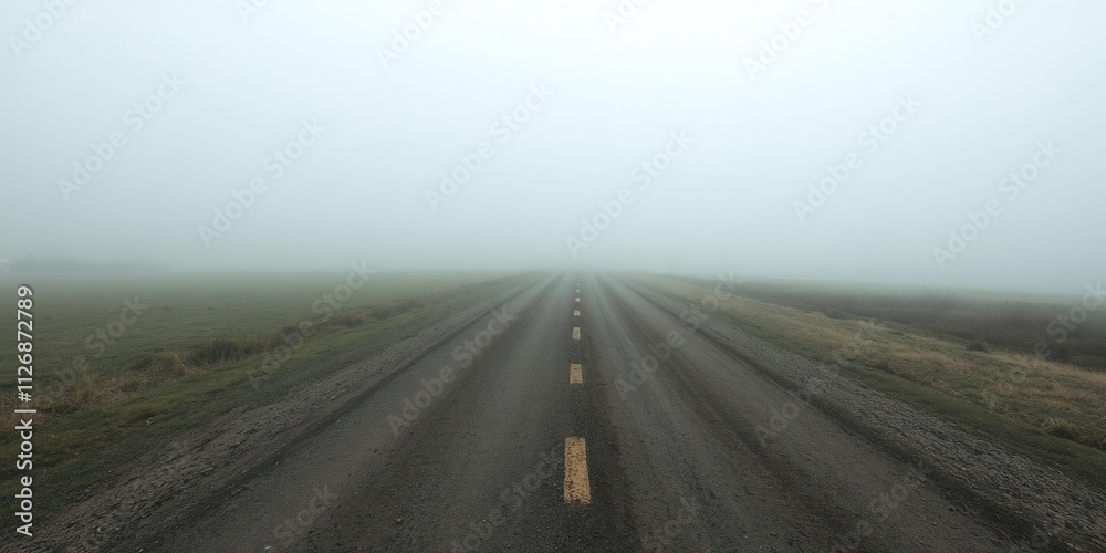 Misty road disappearing into the foggy distance, creating a sense of mystery and endlessness, serene, quiet Misty road disappearing into the foggy distance, creating a sense of mystery and endlessness, serene, quiet
