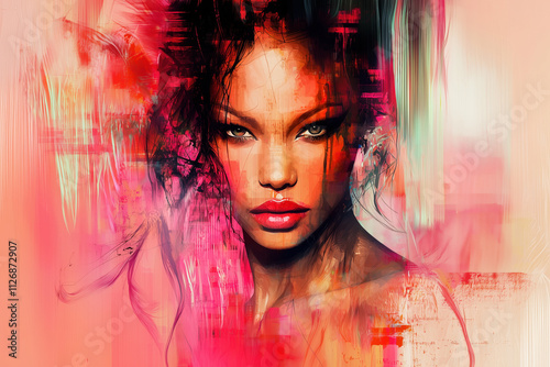 Abstract modern art painting portrait of beautiful woman on colorful background