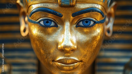 a gold egyptian mask with blue eyes