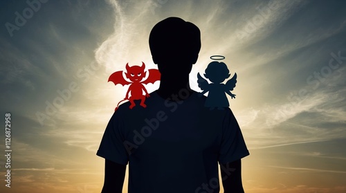 A dramatic silhouette depicting an angel and a devil on a person's shoulders, set against a vibrant sunset sky, representing the struggle between good and evil and the moral dilemmas