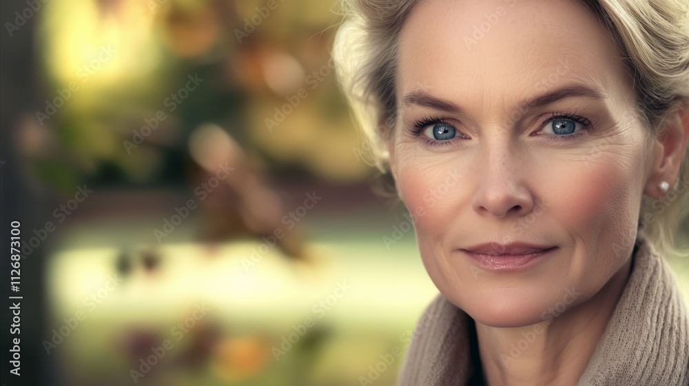 Woman with blue eyes and a tan sweater