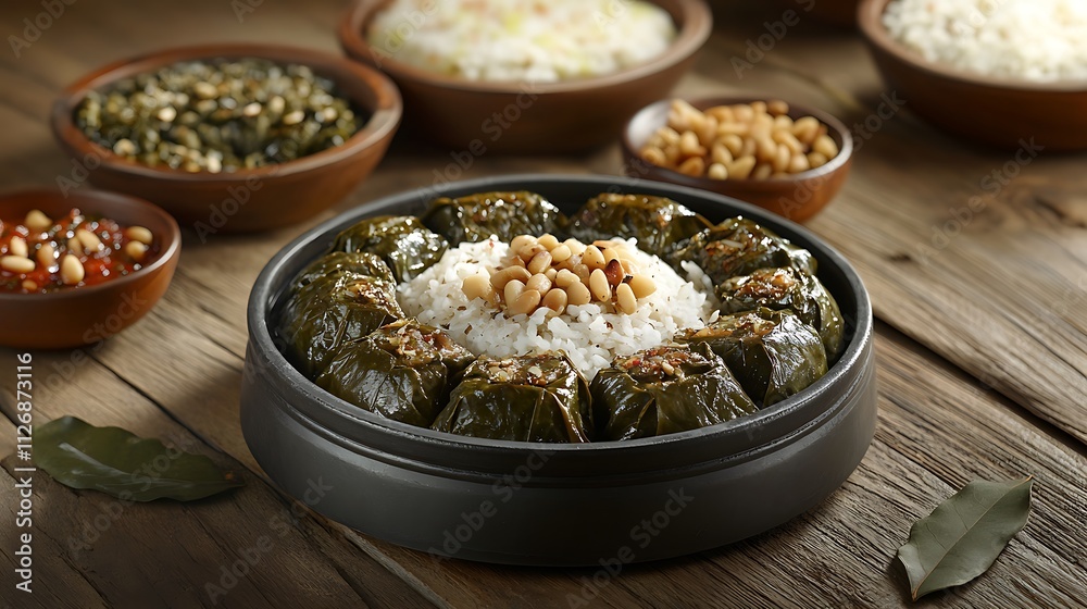 Traditional Dolma with rice and pine nuts, presented on a rustic wooden table Traditional Dolma with rice and pine nuts, presented on a rustic wooden table