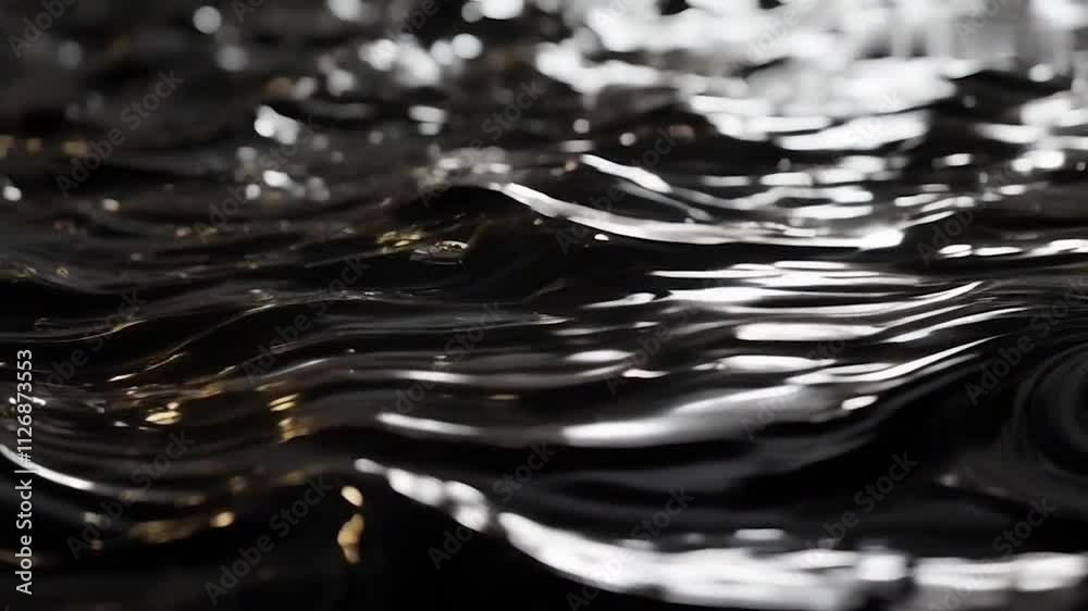 Fluid black water surface with gentle ripples and shimmering light reflections, creating a continuous wavy motion in a seamless loop.