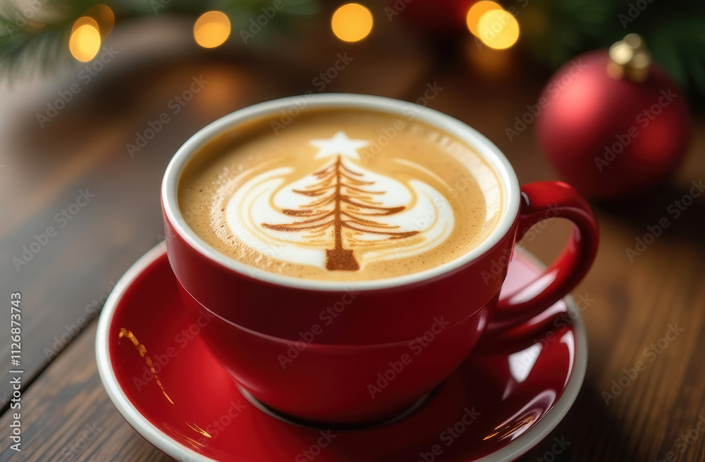 Cappuccino on table with red checkered tablecloth, coffee art in the form of Christmas tree Cappuccino on table with red checkered tablecloth, coffee art in the form of Christmas tree