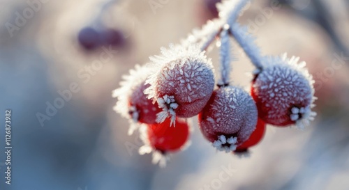 Frosty winter berries glistening in morning sunlight