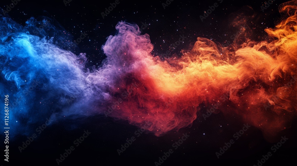 Colorful smoke wisps swirl in dark background creating a vivid visual effect Colorful smoke wisps swirl in dark background creating a vivid visual effect