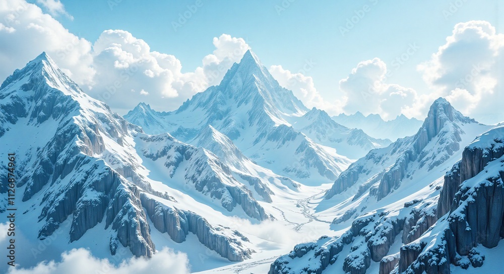 Obraz premium Majestic snow-covered mountain peak under a clear blue sky, Sharp mountain peak with snow and fluffy clouds