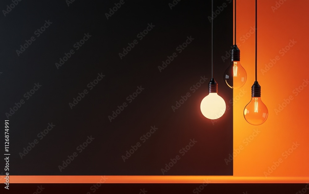 A single illuminated light bulb stands out among unlit ones, hanging on a dark orange and black gradient background. A single illuminated light bulb stands out among unlit ones, hanging on a dark orange and black gradient background.