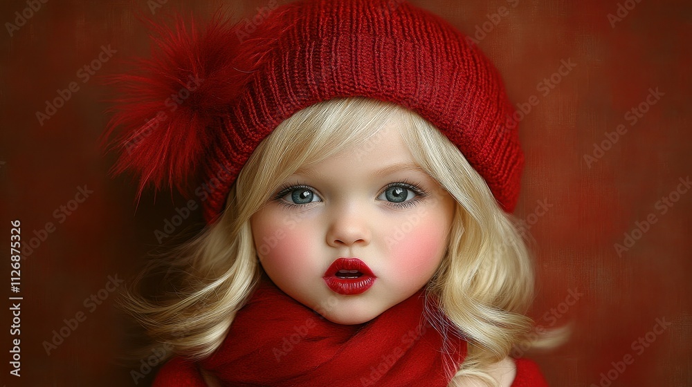 A doll wearing a red hat and scarf with red lipstick. The doll is smiling and looking at the camera A doll wearing a red hat and scarf with red lipstick. The doll is smiling and looking at the camera