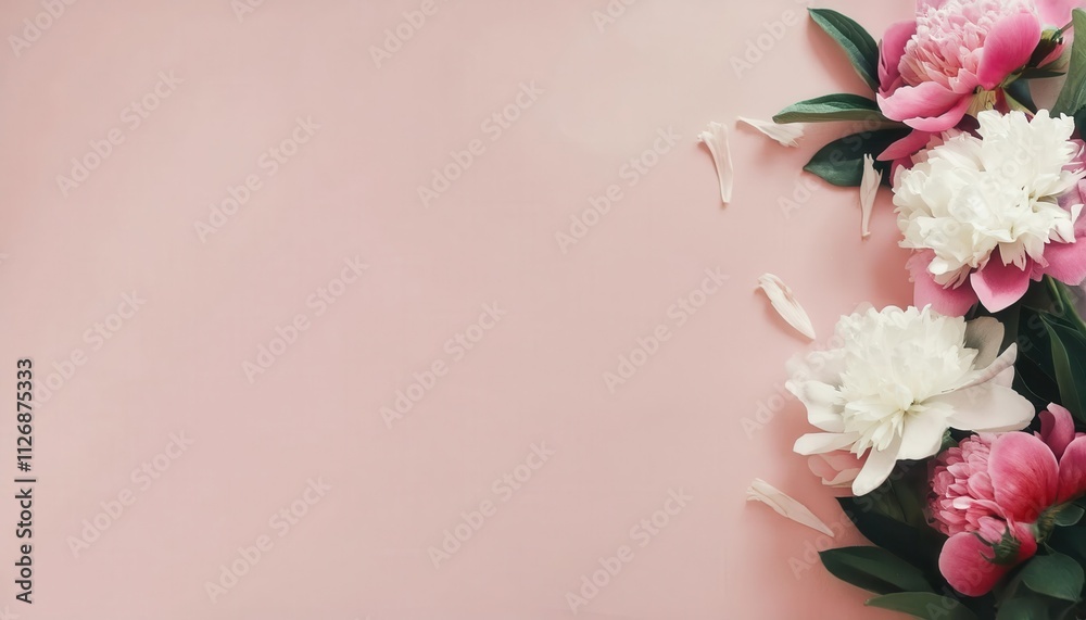 Elegant Pink and White Peonies with Lush Green Leaves on a Pastel Pink Background, Perfect for Mother's Day Cards, Invitations, or Seasonal Holiday Greetings Featuring Copy Space for Custom Text Elegant Pink and White Peonies with Lush Green Leaves on a Pastel Pink Background, Perfect for Mother's Day Cards, Invitations, or Seasonal Holiday Greetings Featuring Copy Space for Custom Text