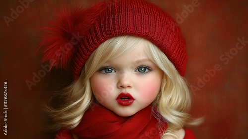 A doll wearing a red hat and scarf with red lipstick. The doll is smiling and looking at the camera