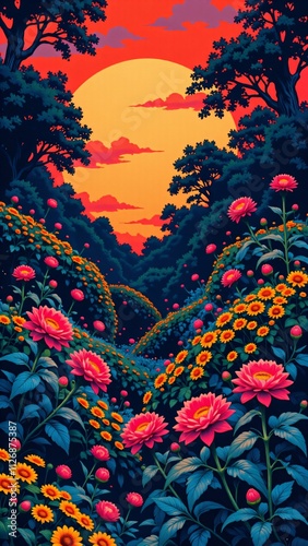 Dynamic abstract design with colorful waves and floral motifs on a dark backdrop