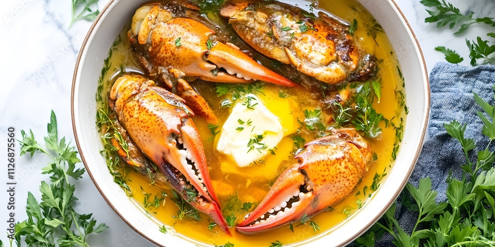 A dish featuring lobster claws in a buttery herb sauce. A dish featuring lobster claws in a buttery herb sauce.