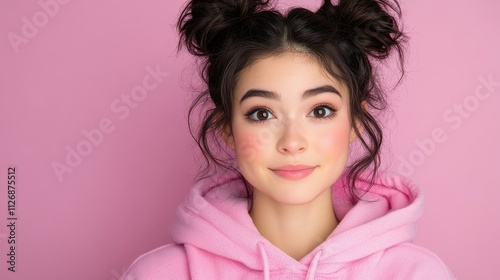 A girl with pink hair and a pink hoodie is smiling. She has a pink background