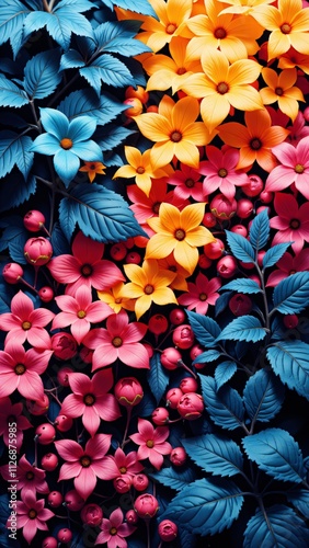 Artistic composition of vivid flowers and foliage on a textured blue background