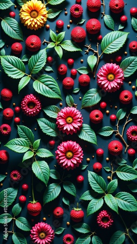 Artistic composition of vivid flowers and foliage on a textured blue background