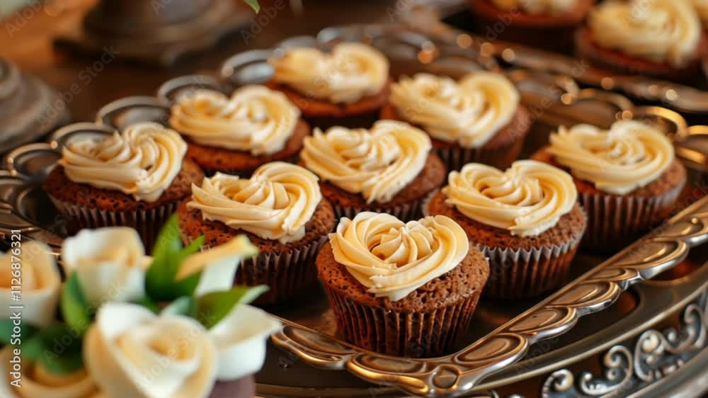 Delicious heart shaped cupcakes with creamy chocolate frosting on silver tray, sweet dessert for any celebration, adding charming touch to your baked treats. Delicious heart shaped cupcakes with creamy chocolate frosting on silver tray, sweet dessert for any celebration, adding charming touch to your baked treats.