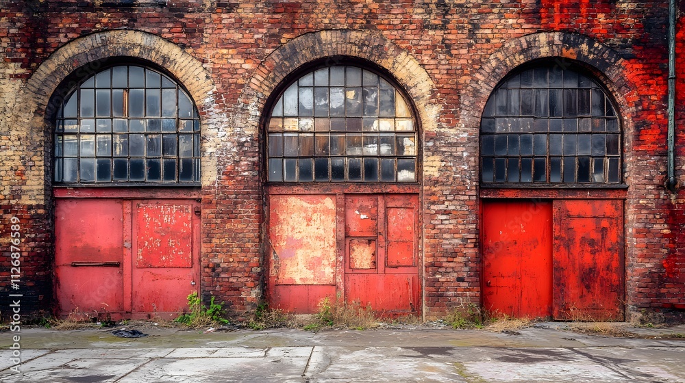 Weathered Brick Building With Arched Windows And Red Doors Weathered Brick Building With Arched Windows And Red Doors