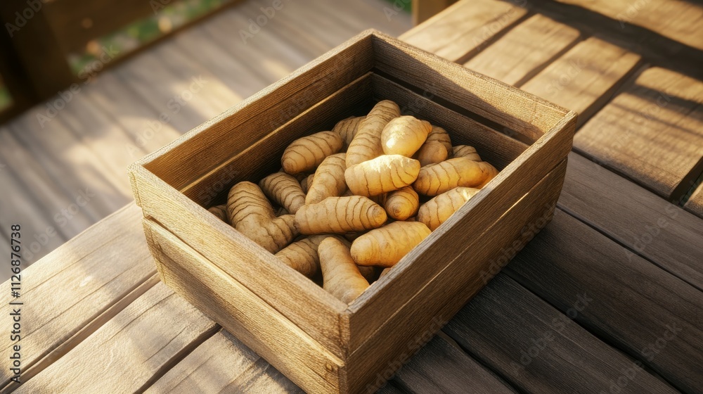 Fresh Ginger Root in Wooden Crate Rustic Harvest Organic Produce Fresh Ginger Root in Wooden Crate Rustic Harvest Organic Produce