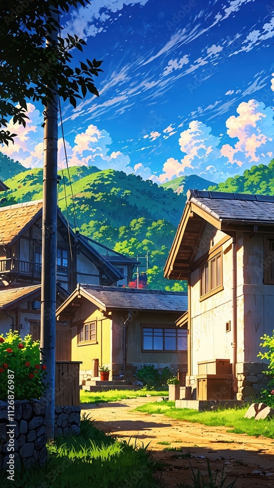 Peaceful rural landscape featuring traditional houses, lush green mountains, vibrant blue sky, and scattered fluffy clouds. Ideal for serene settings. anime style illustration Peaceful rural landscape featuring traditional houses, lush green mountains, vibrant blue sky, and scattered fluffy clouds. Ideal for serene settings. anime style illustration