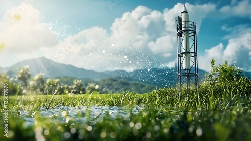 Fototapeta Naklejka Na Ścianę i Meble -  Coastal water monitoring station with holographic network overlays transmitting real time water data and leaving ample copy space for text or graphics on the upper section of the image