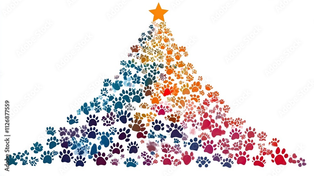 A unique Christmas tree made completely of dog paw prints adds a fun and festive touch. Every paw brings something special, and colorful decorations card, banner, website, or design - A unique Christmas tree made completely of dog paw prints adds a fun and festive touch. Every paw brings something special, and colorful decorations card, banner, website, or design -