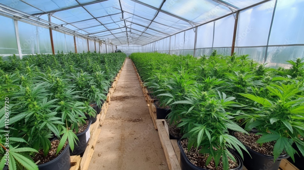 Greenhouse Cannabis Cultivation Rows of Thriving Marijuana Plants Greenhouse Cannabis Cultivation Rows of Thriving Marijuana Plants