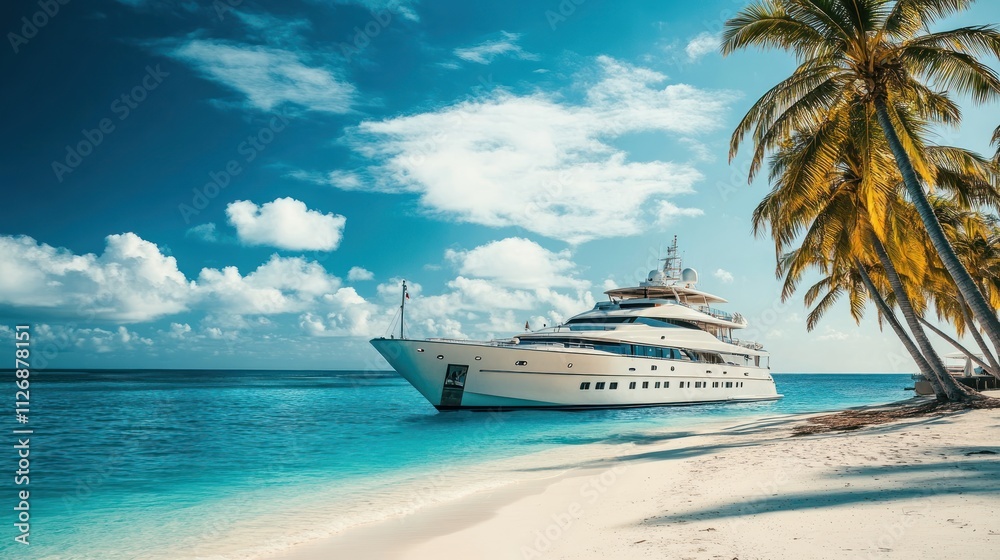 Fototapeta premium A luxurious yacht anchored near a tropical beach with palm trees and clear blue waters.