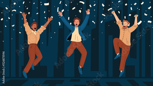 Excited crowd leaping with happiness, radiating joy and celebration. Minimalist vector