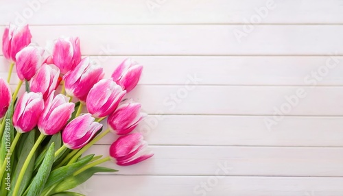 Elegant Bouquet of Vibrant Pink and White Tulips on White Wooden Planks. Perfect for Mother's Day, Easter, Spring Celebrations, or Home Décor Inspiration with a Fresh and Cheerful Vibe