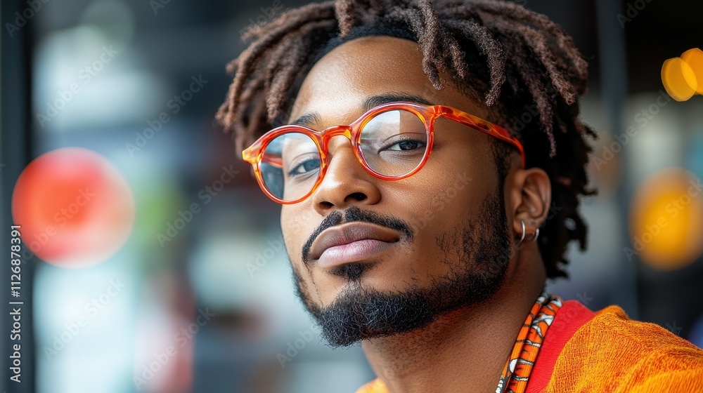 A man with a beard and glasses is wearing an orange shirt. He is looking at the camera A man with a beard and glasses is wearing an orange shirt. He is looking at the camera