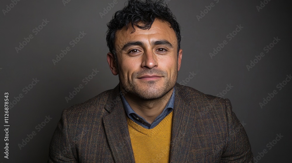 Fototapeta premium A man with a beard and mustache is wearing a brown jacket and a yellow sweater. He is smiling and looking at the camera